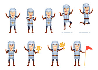 Set of medieval knight characters showing different success actions. Cheerful knight holding golden cup, jumping, celebrating and showing other actions. Flat style vector illustration
