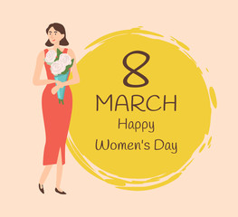 8 march greeting, female happiness, girl holding bouquet vector. Woman wearing elegant clothes, person standing with white roses and round yellow painted circle