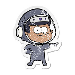 distressed sticker of a happy astronaut cartoon