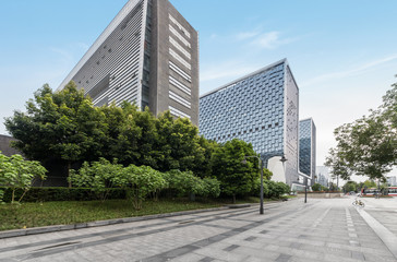 Panoramic skyline and buildings with empty concrete square floor in chengdu,china