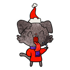 textured cartoon of a panting dog wearing santa hat