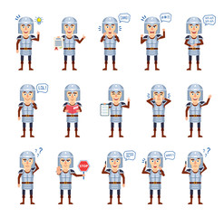Set of medieval knight characters showing different actions. Cheerful knight talking on phone, reading book, angry, crying and showing other actions. Flat style vector illustration