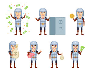 Set of medieval knight characters posing with money in different situations. Cheerful knight holding golden coin, money bag, piggy bank and showing other actions. Flat style vector illustration