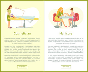 Makeup visagiste working with clients face using brush. Manicure manicurist polishing nails vector web posters with text. Hands care and brushing face