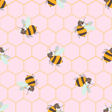 Vector seamless pattern with Cute cartoon Bee and honeycomb
