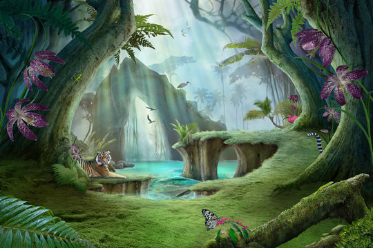enchanted jungle lake landscape with tiger, can be used as background