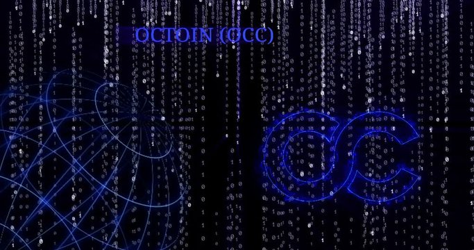 Glowing Octoin Coin (OCC) symbol against the falling binary code symbols
