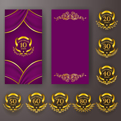 Set of anniversary card, invitation with laurel wreath, numbers. Decorative gold emblem of jubilee on purple background.