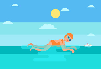Obraz na płótnie Canvas Breaststroke water sport woman vector. Female sportive lady in sea practicing strokes for competition. Swimming sportswoman with goggles and hat