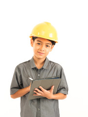 Asian boy with engineer and safety yellow hat on white background