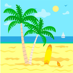 Fototapeta na wymiar Summer holidays by sea vector, plage with hot sand. Sunshine of warm day, green palm tree with foliage, surfing board and sailing boat on water surface