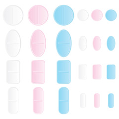 Blue, white and purple pills of various shapes illustration set. Vector.