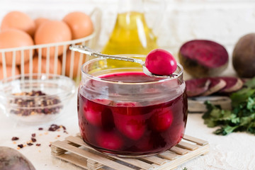 Quail eggs marinated for Easter in beet juice