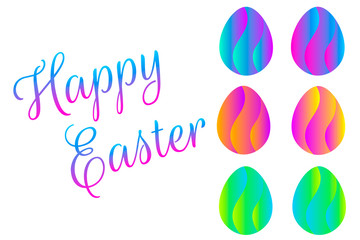Happy easter greeting card with inscription and modern trendy eggs with bright creative neon colors and futuristic flow liquid shapes decor. Vector EPS 10 illustration.