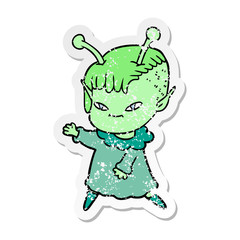 distressed sticker of a cute cartoon alien girl