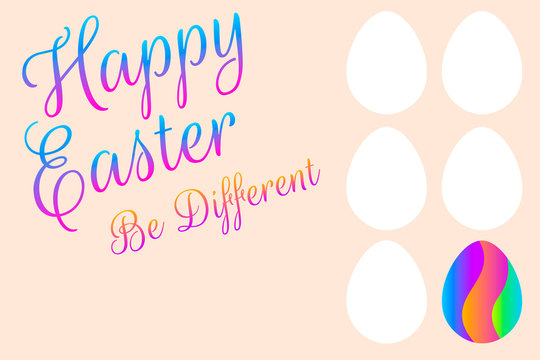 Happy easter greeting card with inscription «be different» and modern trendy eggs with bright creative neon colors and futuristic flow liquid shapes decor. Vector EPS 10 illustration.