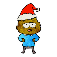 textured cartoon of a tired bald man wearing santa hat