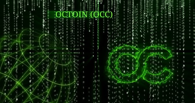 Glowing Octoin Coin (OCC) symbol against the falling binary code symbols