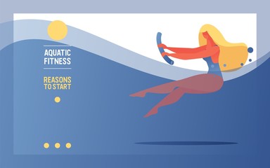 Vector banner with girl with waterobic noodle in a pool doing water aerobics. Sport and wellness landing page or banner template