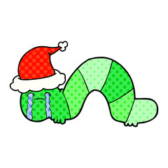 comic book style illustration of a caterpillar obsessing over his regrets wearing santa hat