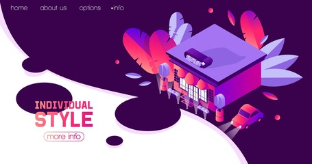 Vector isometric landing page banner template in dark and contrast colors drawn with vivid gradients in pink and blue for jewelry business or shop and goldsmith boutique