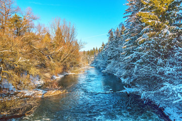river isar in winter snow