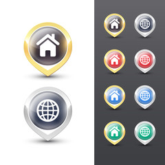 Map pointer icons. Location markers with home and map symbols.