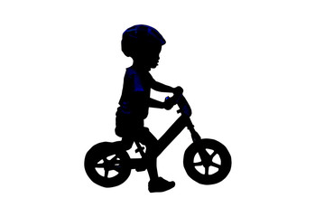 Fototapeta na wymiar Silhouette Balance Bike for kids. This Boy practicing balance With a bicycle using a plowed leg is a bike without a spinning ladder.