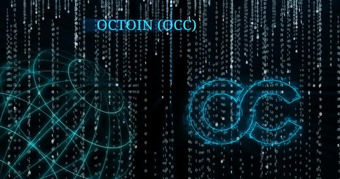 Glowing Octoin Coin (OCC) symbol against falling binary code symbols