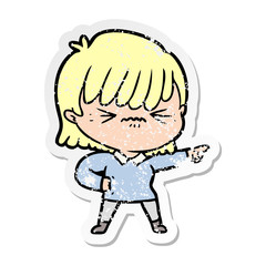 distressed sticker of a annoyed cartoon girl pointing