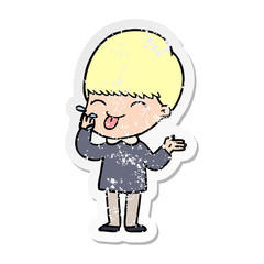 distressed sticker of a cartoon boy sticking out tongue