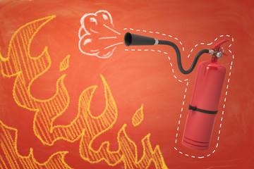 3d rendering of red foam fire extinguisher with foam and fire flames drawn on orange background