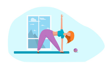 redhead girl doing yoga by the window