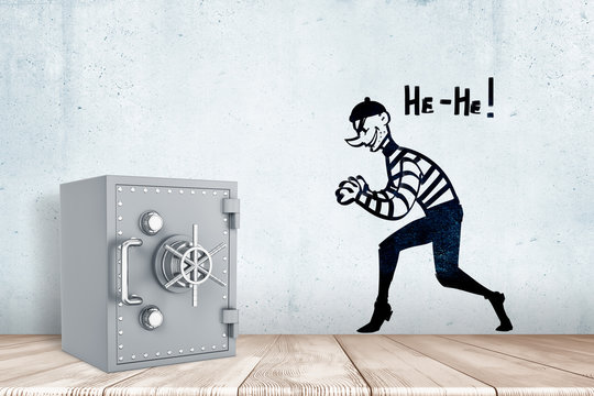 3d rendering of a light-grey metal safe on a wooden surface near a wall with a drawing of a tiptoeing thief and words He-He on it.