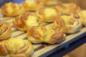 Variety of fresh bread in a supermarket