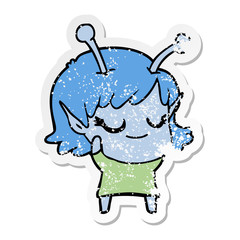 distressed sticker of a smiling alien girl cartoon