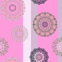 Seamless pattern - mandalas on a geometric background. Shades of white, pink and  lavender color: with gray and beige - for the nursery, living room and hall.