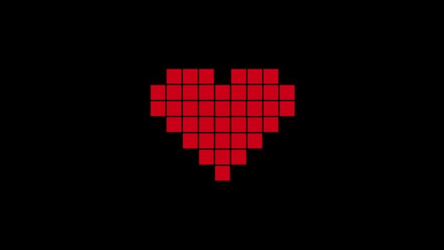 Red Pixel Art Heart in Retro Style. Animation 4K on a black background. Like Social Media Icon Concept Motion Graphics.