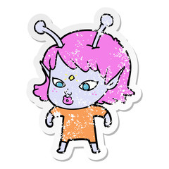 distressed sticker of a pretty cartoon alien girl