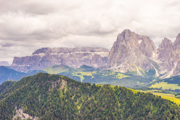 Alpe di Siusi, Seiser Alm with Sassolungo Langkofel Dolomite, a canyon with a mountain in the background