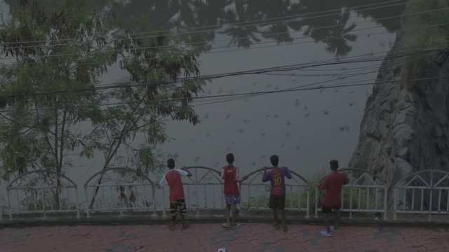 Kids in soccer uniform looking at bids and throwing stones to the lake.