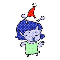 cute alien girl comic book style illustration of a wearing santa hat