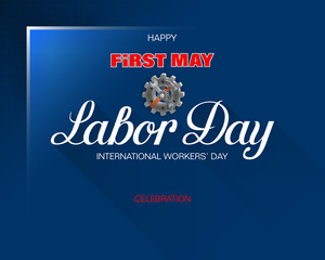 Holidays, design background with 3d handwriting texts, hammer and wrench on mechanism for celebration of First May International Labor day; Vector illustration
