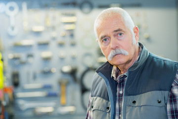 a portrait of elderly handyman at diy workshop