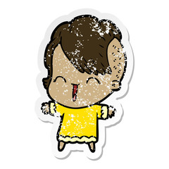 distressed sticker of a cartoon happy hipster girl