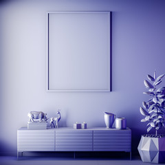Mock up poster frame in Interior, Blue color, Clay render, 3D illustration