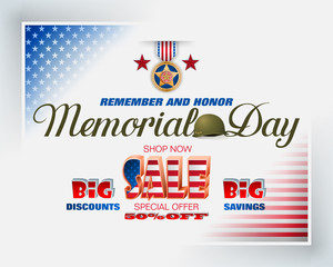Holiday design, background with handwriting texts, army helmet, and national flag colors for U.S. Memorial day, sales, commercial event; Vector illustration