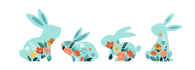 Happy Easter vector illustrations of bunnies, rabbits icons, decorated with flowers