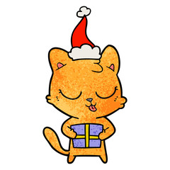 cute textured cartoon of a cat wearing santa hat