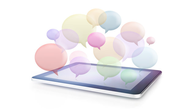 Speech bubbless concept with tablet 3d illustration